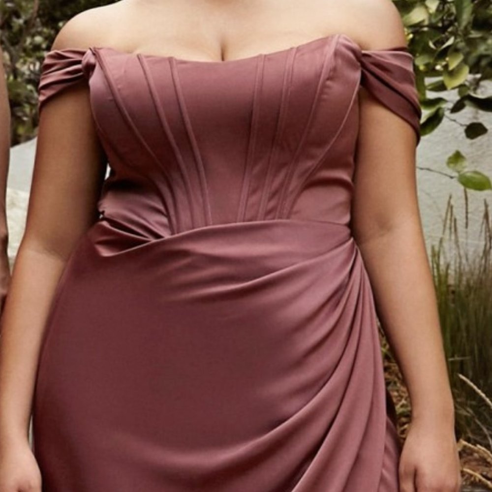 ROSEWOOD COLOR  PROM PARTY EVENING OFF SHOULDER CORSET SOFT SATIN DRESS CD 7484 - Picture 7 of 8